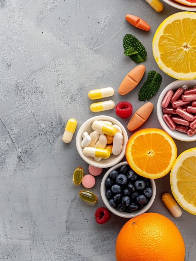 Flat lay of vitaminrich foods and supplements, vitamins,